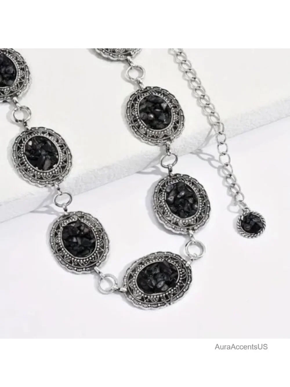 Vintage Western Concho Chain Belt Metal Acrylic Gems Adjustable Waist Chain for
